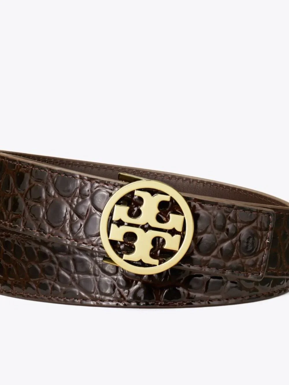 Tory Burch Brown Croc-Embossed Leather Belt with Gold Logo Buckle